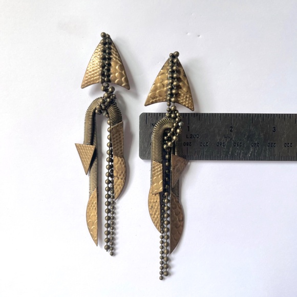 80's Mixed Metal Ball Chain Modern Brutalist Artisan Arrowhead Dangle Earrings - Picture 7 of 12